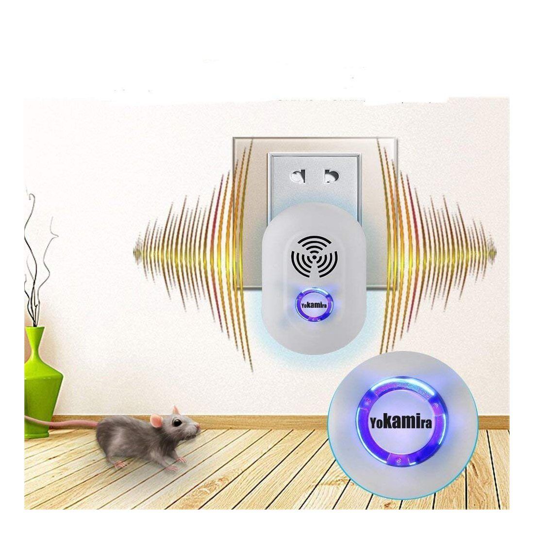 Yokamira Répulsif Ultrason Anti-Rongeurs Insectes, Répulsif Électronique avec LED Lumière Nocturne, Anti Coquerelle Mouches C