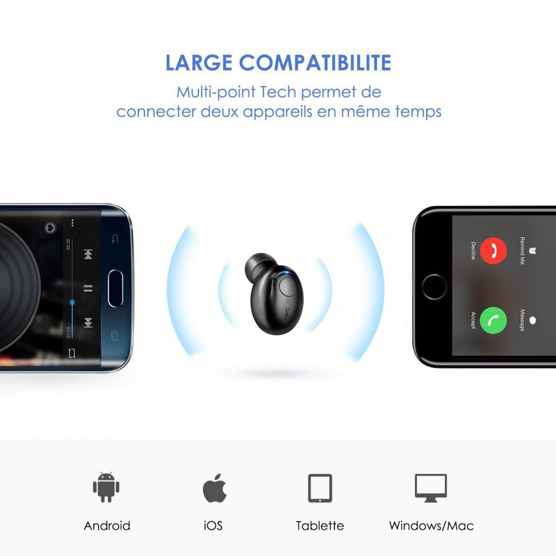 Samsung Huawei Mpow Oreillette Bluetooth Mini Ecouteur sans Fil Bluetooth 4.1 Oreillette sans Fil Invisible Casque Audio Intra-Auriculaire avec Micro 2 Chargeurs Magnétiques etc. pour iPhone