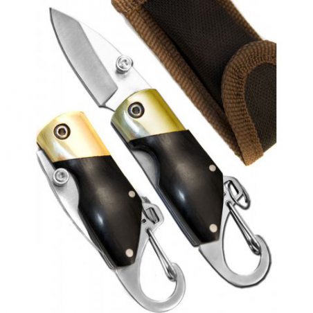 Outdoor Saxx - Mini couteau pliant - Sous forme de porte-clés - Avec mousqueton - 11 cm - Manche en bois - Sac avec passant d