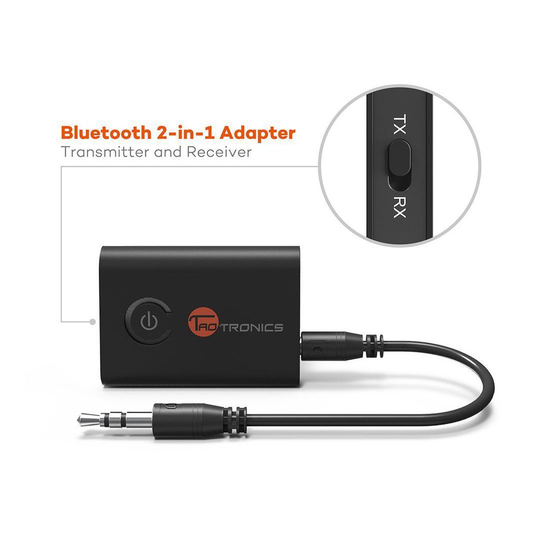 TaoTronics Adaptateur Bluetooth 5.0 Transmetteur et Récepteur 2-en-1 Sortie Stéréo 3.5mm, 2 Appareils Simultanément, Faible L