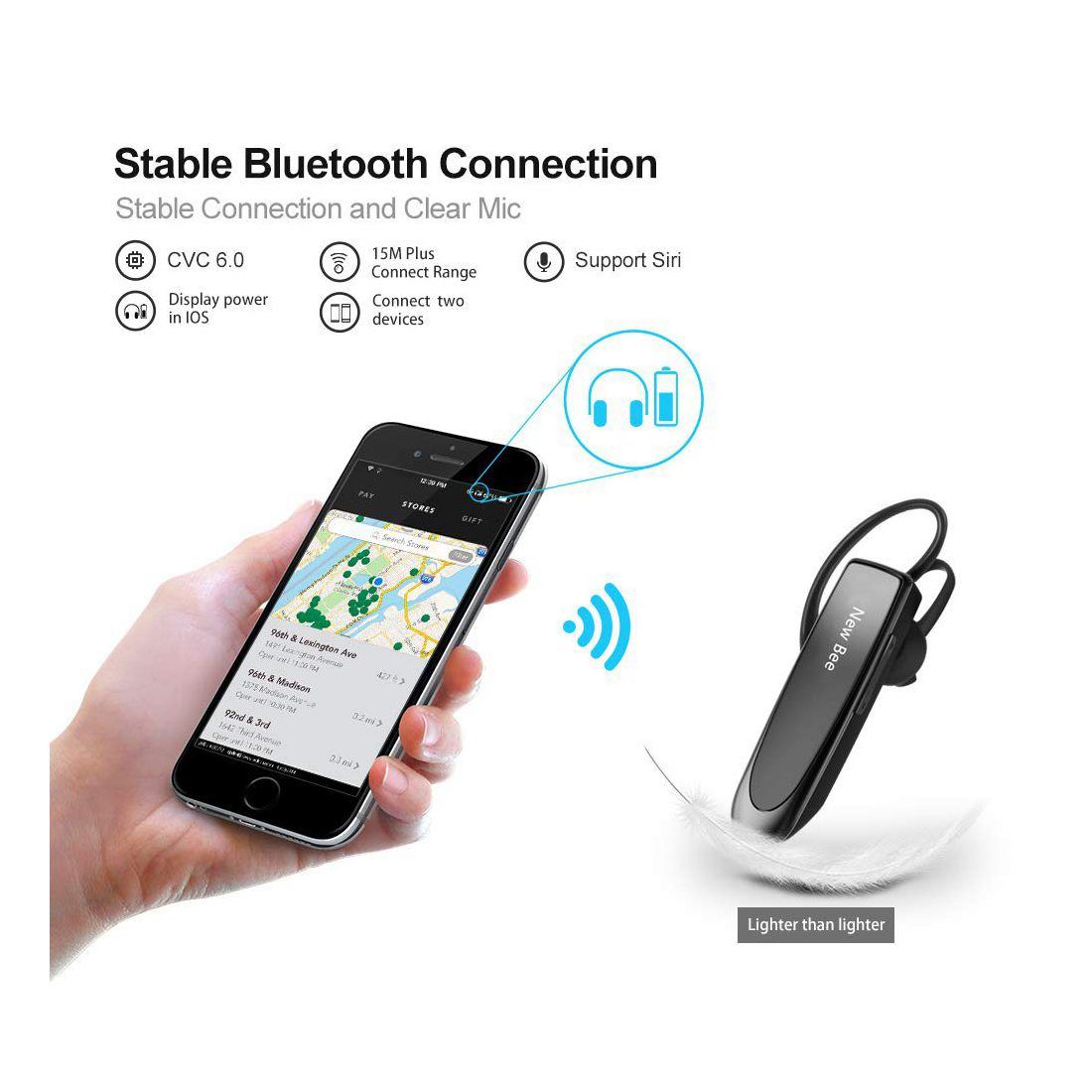 Main Libre Bluetooth Oreillette, New Bee Casque sans Fil Bluetooth avec Microphone 60 Jours en Veille Casque Mains Libres ave