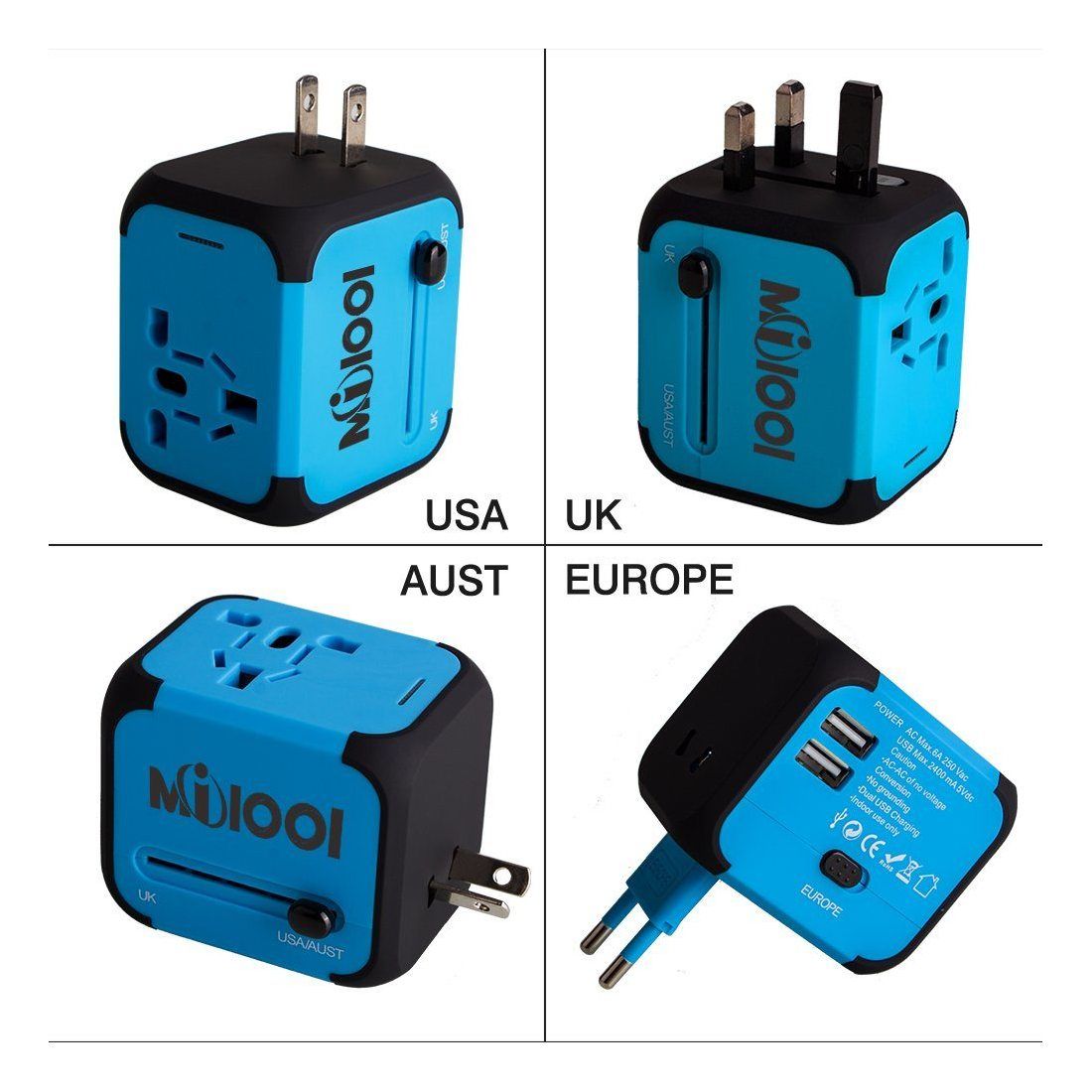 Bleu VGUARD Adaptateur de Voyage avec 4 USB Adaptateur Universel Pris de Courant pour UE/US/UK/AUS Utilisé dans Plus de 150 Pays Adaptateur Chargeur 