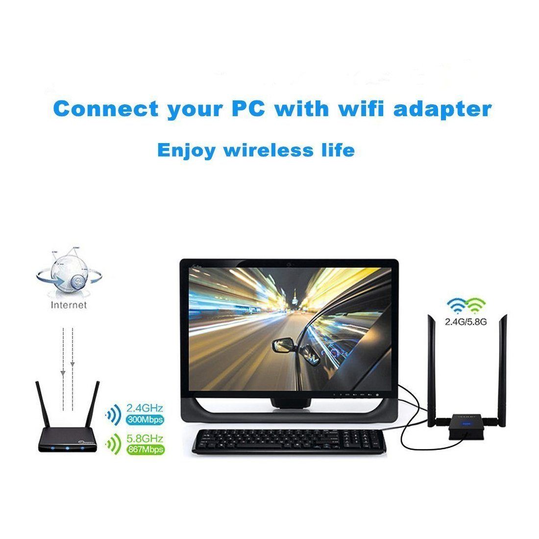 Zoweetek Adaptateur clé wifi AC1200 USB3.0 Double Bande 5.8G/2.4G pour Windows XP/ Vista/ 7/ 8/ 10, Linux, Mac OS