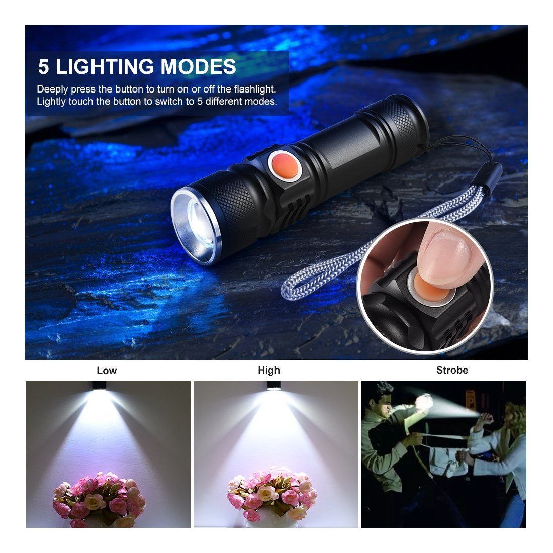 LEDGLE Lampe de Poche Rechargeable 500LM Lampe Torche USB en Alliage d’aluminium avec 3 Modes D’Eclairage, Batterie Lithium I