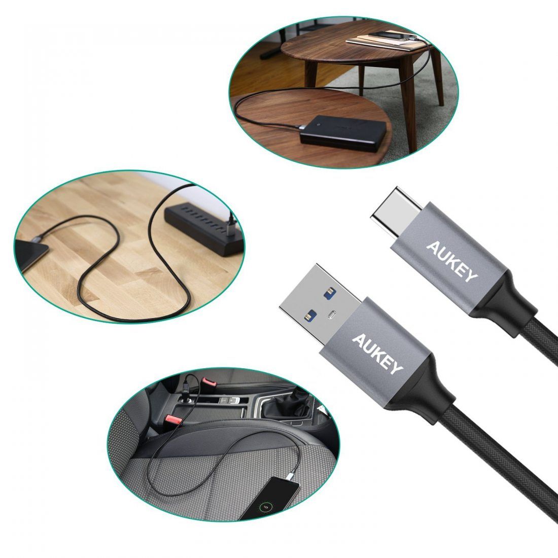 AUKEY Câble USB C à USB 3.0 A ( 3 x 1m ) en Nylon Recharge et Synchronisation Câble USB Type C pour Samsung Note 8 / S8 , HUA