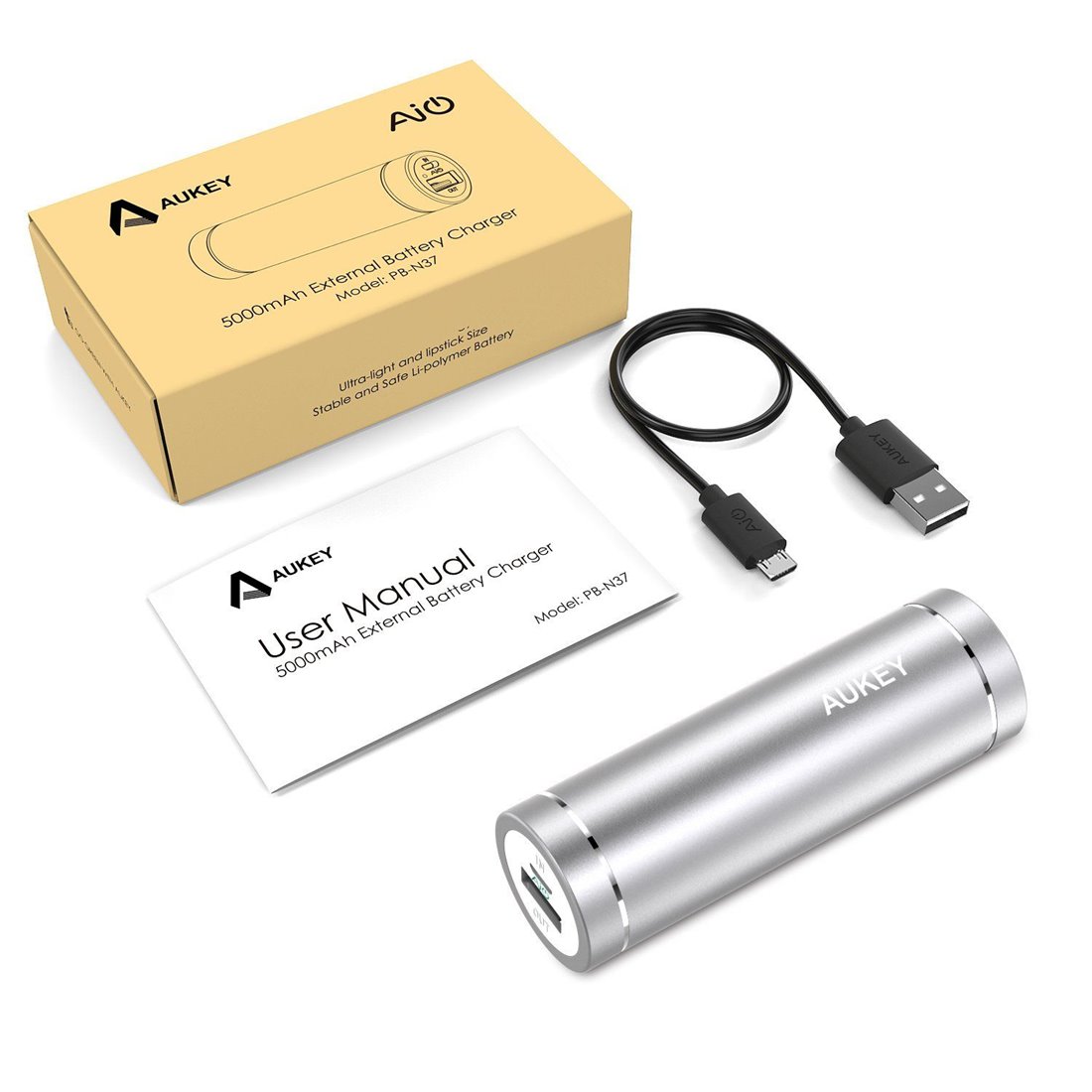 AUKEY Mini Batterie Externe 5000mAh avec 2 Ports USB (Sortie 5V/2A, Entrée 2A) pour iPhone, Samsung, etc., avec un 20cm Câble