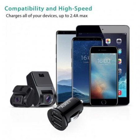 AUKEY Chargeur de Voiture, ULTRA COMPACT 2 Ports USB 4,8A Allume-Cigare avec Technologie AiPower pour Samsung, iPad Air / Pro