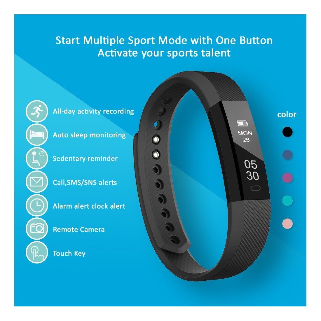 Tracker d'activité, LINTELEK Smart Bracelet Connecté Sport Fitness Tracker Podomètre Calories Sommeil Bracelet Avec Écran Tac