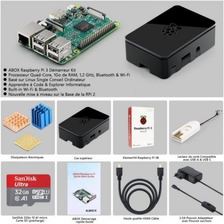 Globmall ABox Raspberry Pi 3 Modèle B Starter Kit avec Mirco Carte SD de 32 Go, Étui Noir Supérieur et 5V 2.5A Alimentation