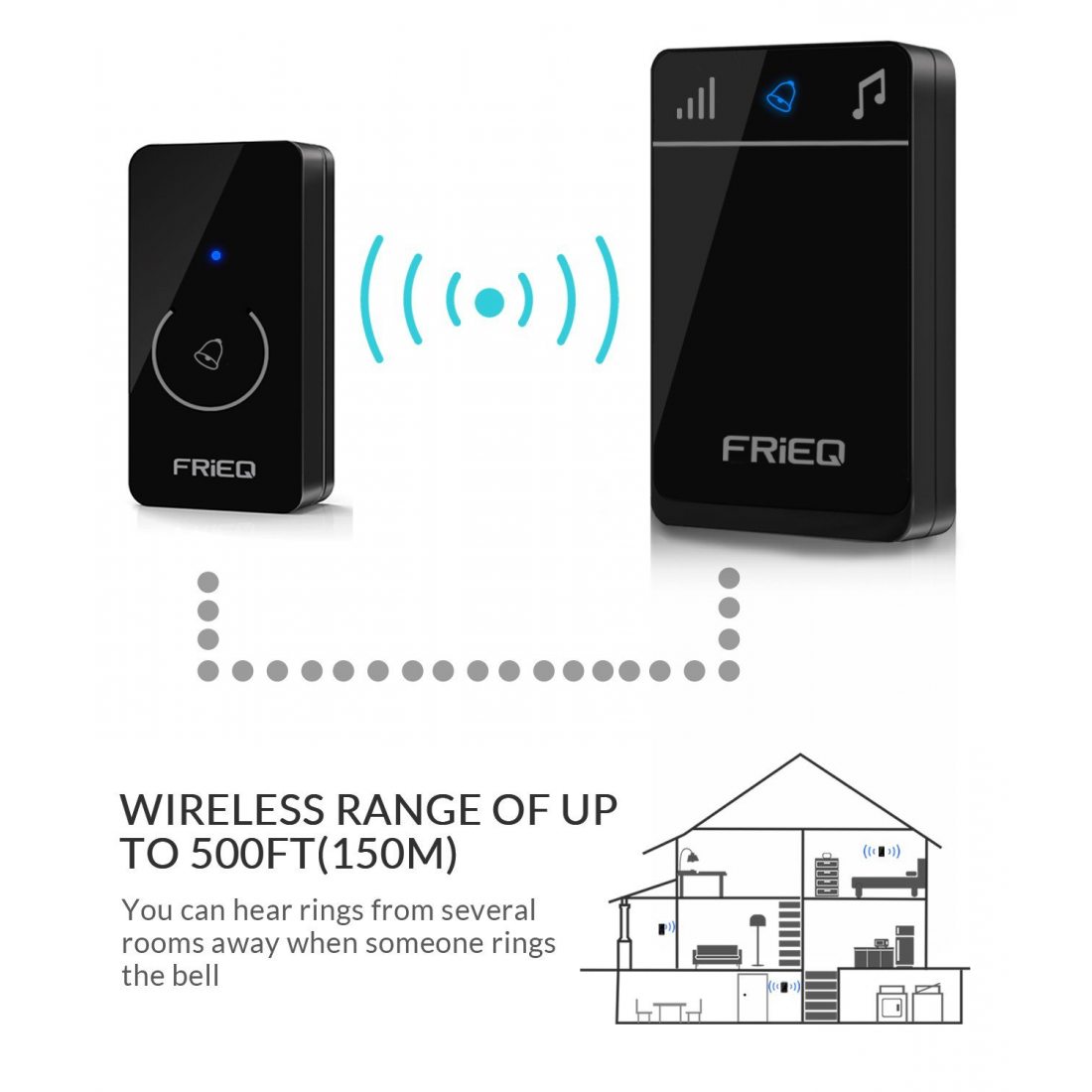 FRiEQ portable sonnette sans fil étanche - Carillon de porte sans fil design haut de gamme avec la portée de 150 m, 52 mélodi