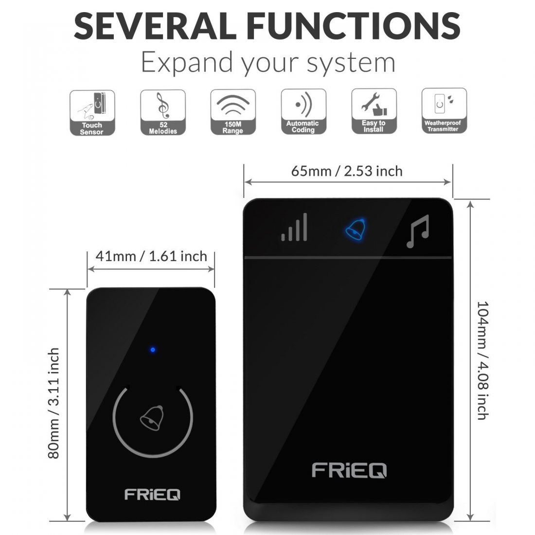 FRiEQ portable sonnette sans fil étanche - Carillon de porte sans fil design haut de gamme avec la portée de 150 m, 52 mélodi