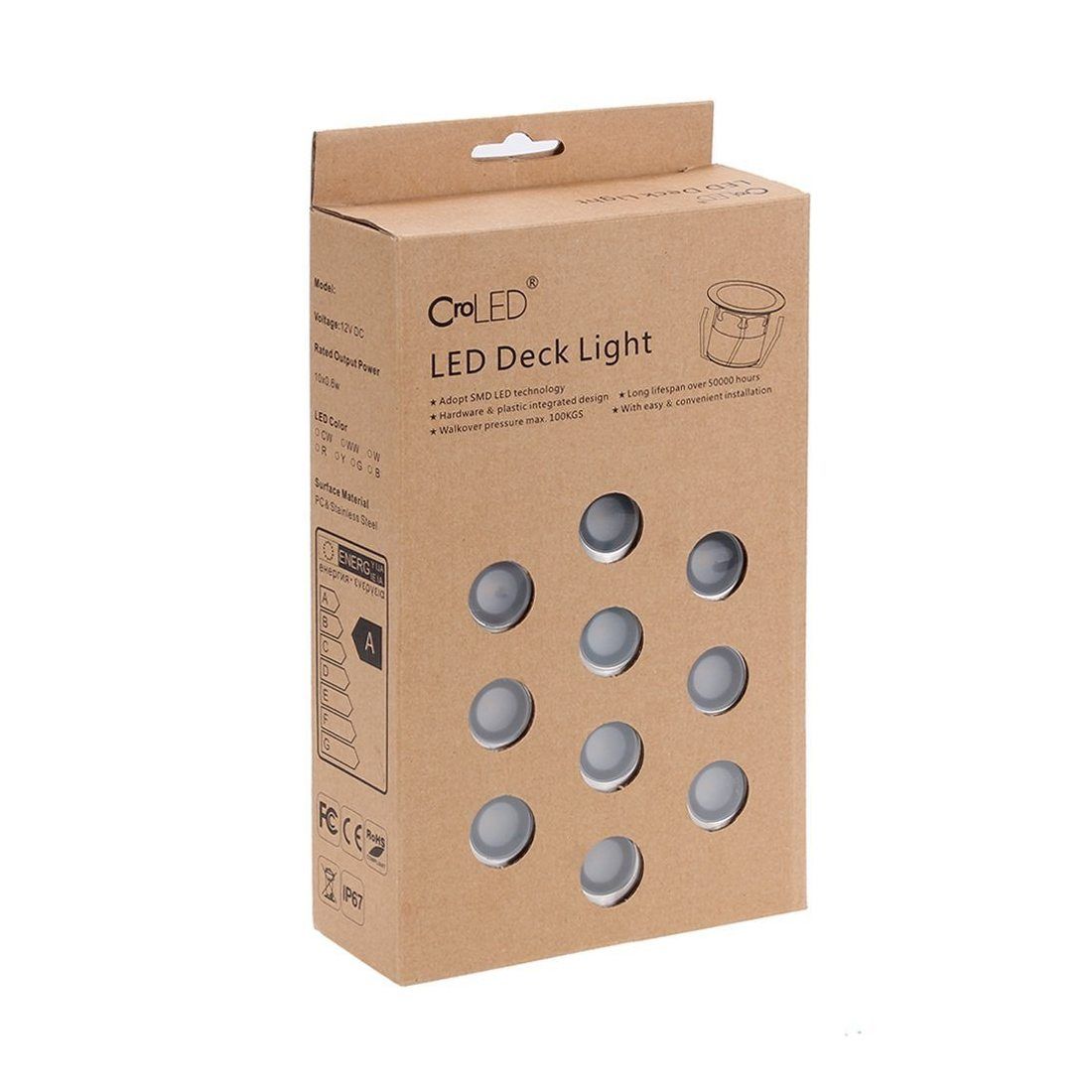 CroLED® 10x Lampe de Spot A LED pour Terrasse Enterre - En Aluminium 0.6W IP67 DC12V Blanc Etanche Avec Alimentation EU - Déc
