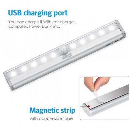 [3 Pack] AMIR 10LED Lampe Détecteur de Mouvement USB Rechargeable Veilleuse LED, Lampe de Placard Lampe Escalier Lumière d'ar