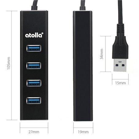 Atolla 4 port Hub USB 3.0 Unibody Aluminium Multi Port USB avec Port Micro USB et 3.5 * 1.35 DC pour Alimentation - Noir