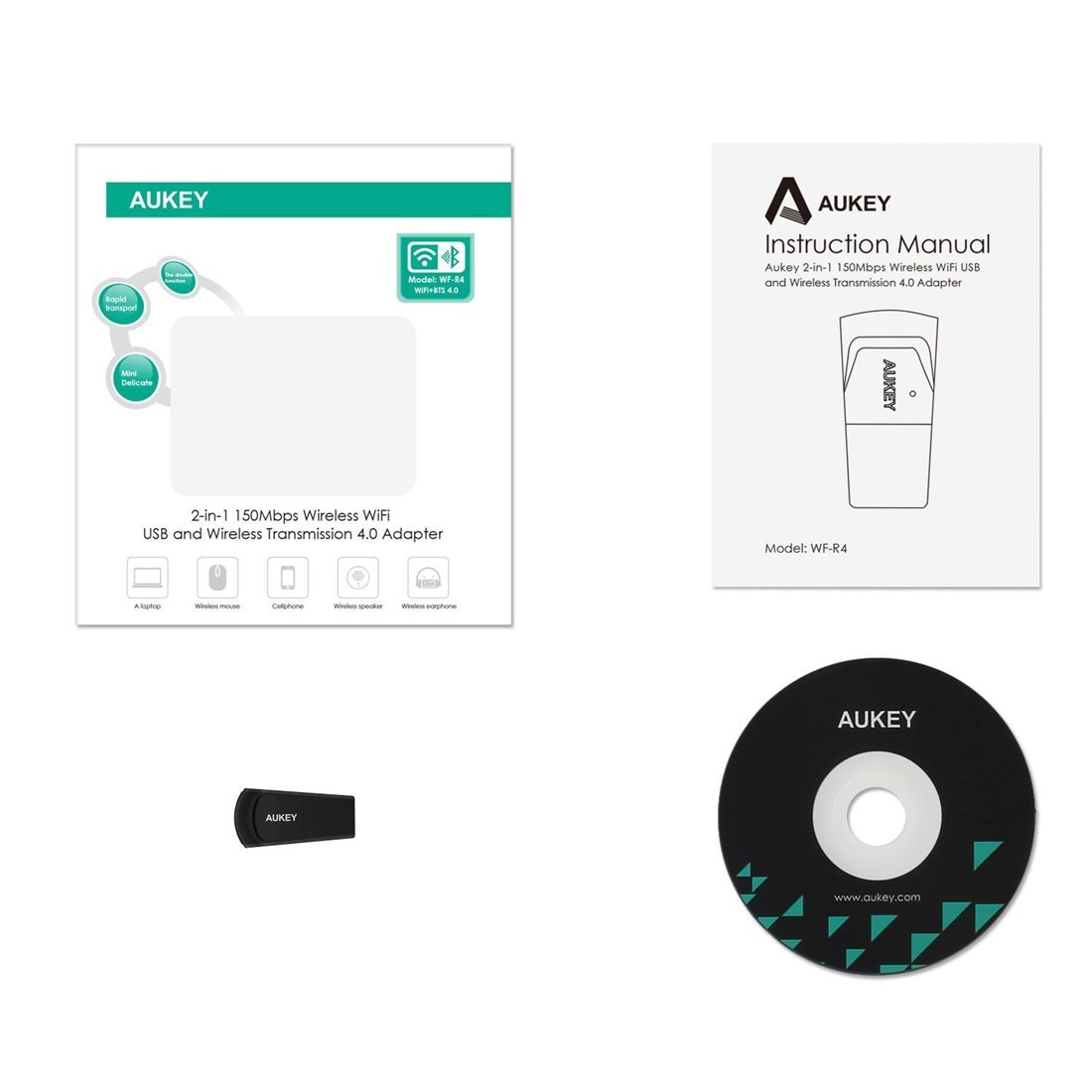Aukey WF-R4 Adaptateur Wifi et Bluetooth 2 en 1 Wifi USB sans Fil pour Windows 7/8/8.1/10 Noir