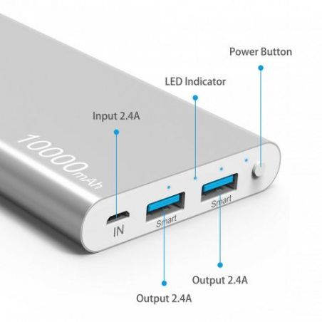 Kinps® Batterie Externe10000mAh Double USB de Secours Chargeur Portable avec LED Power Bank Output Intelligent pour iPhone, i