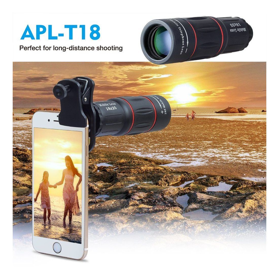 Apexel Universal 18X Clip-On Téléphoto Télescope Appareil photo Téléphone portable Zoom lens pour iPhone X / 8 7 Plus / 6S Sa
